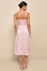 Ethereal Muse Light Pink Satin Jacquard Embroidered Midi Dress