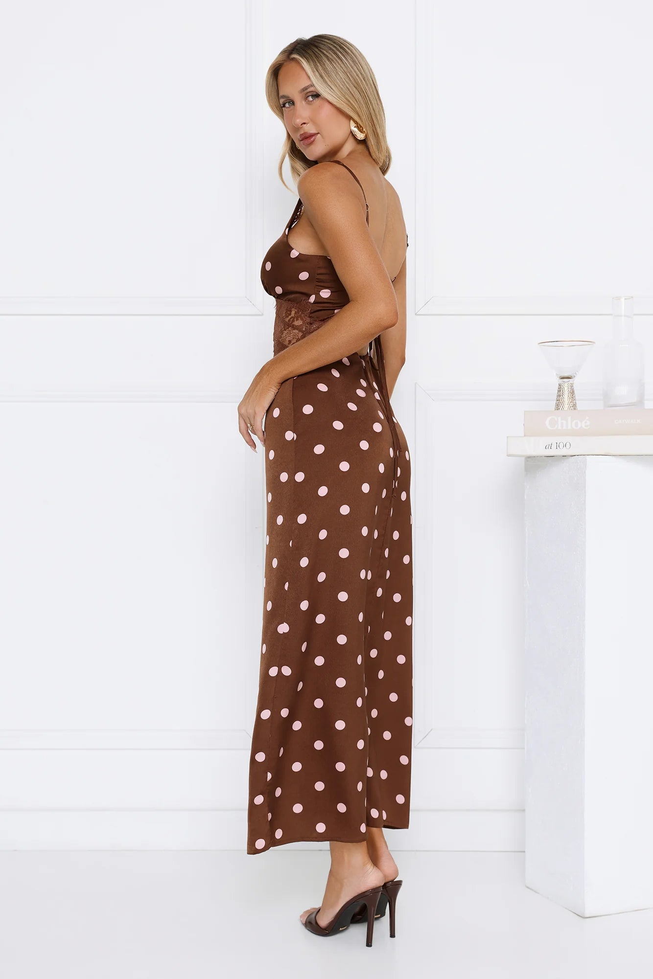 Staple Trend Polka Dot Satin Maxi Dress Brown