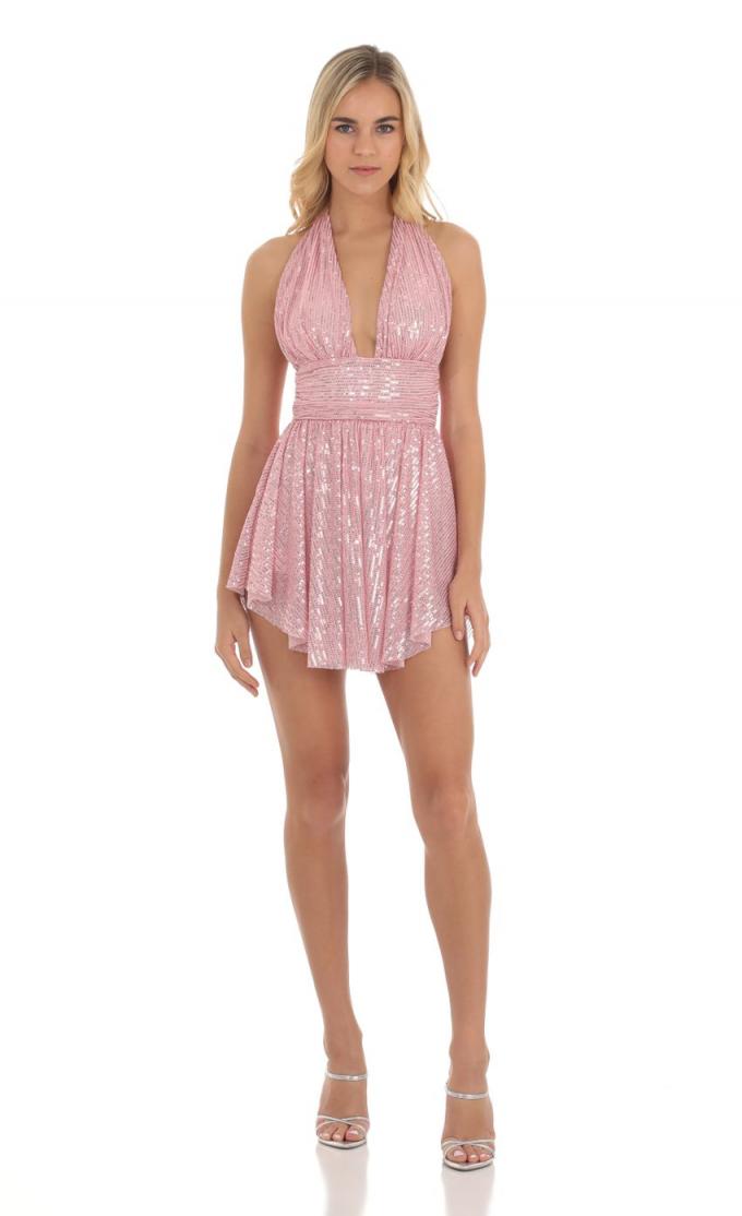 Womens Mini Dresses | Sequin Halter Dress in Pink