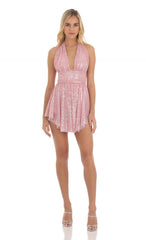 Womens Mini Dresses | Sequin Halter Dress in Pink