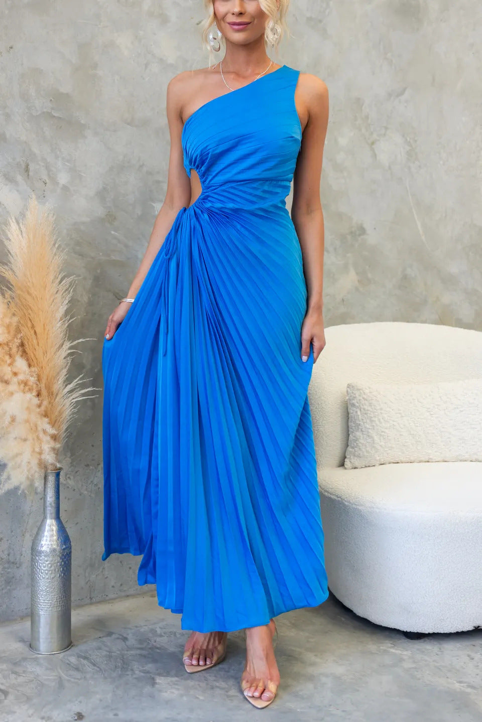 Elegant Pleated One Shoulder Cut-out Waist Midi Dress