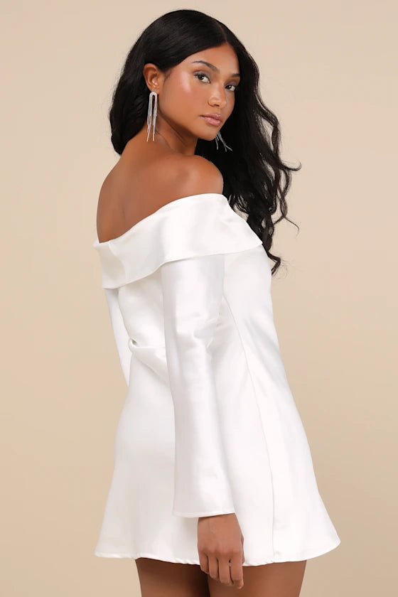 Luxurious Vision White Satin Off-the-Shoulder Mini Dress