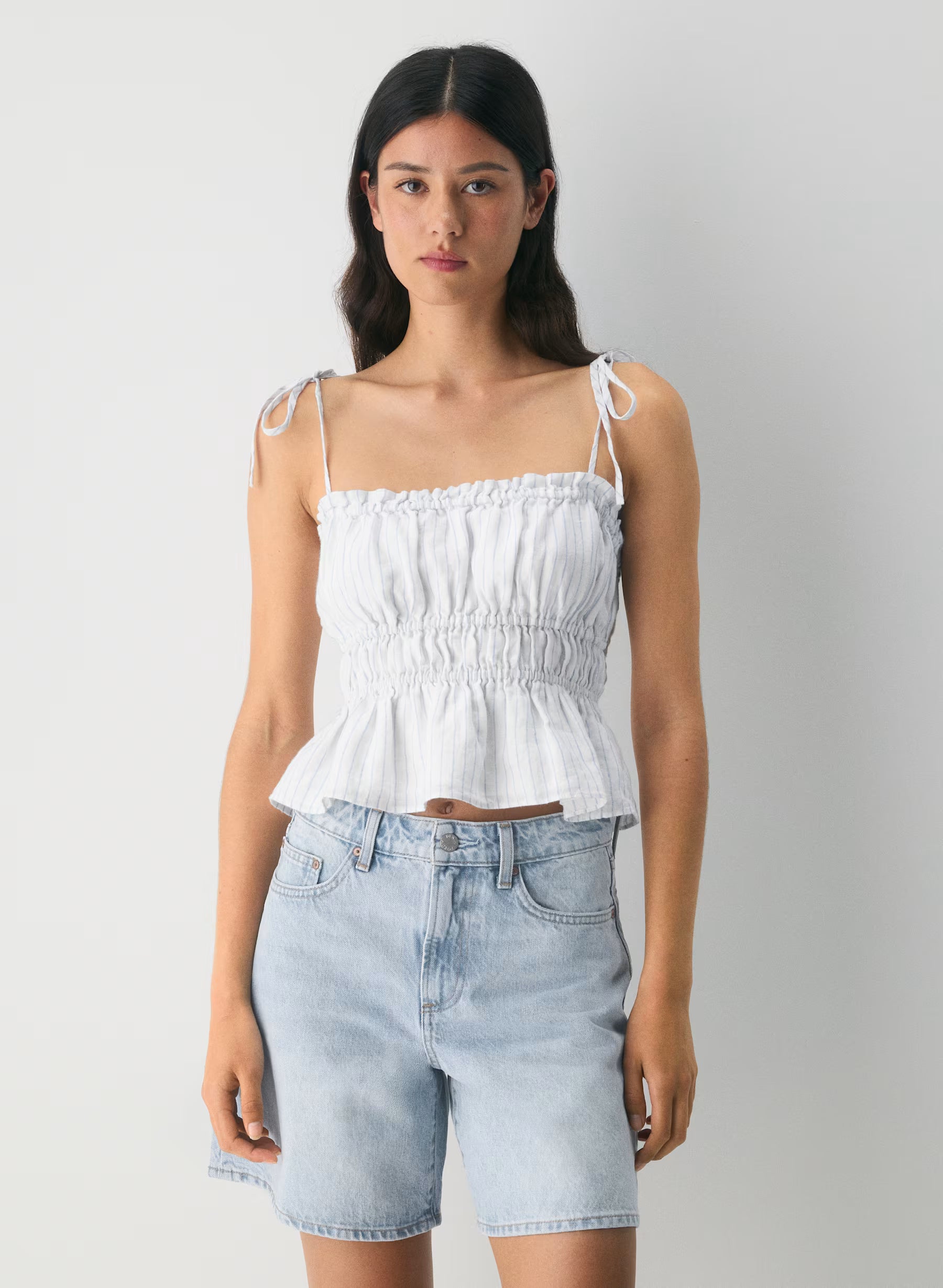 Striped linen slim-fit camisole with peplum hem