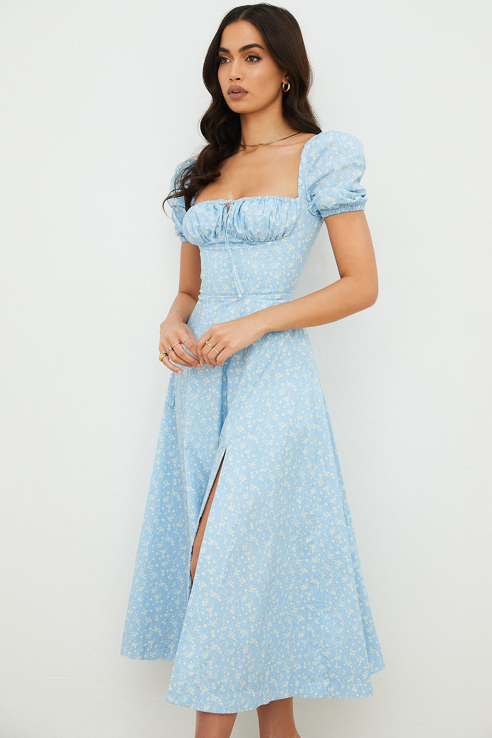 blue ivory floral puff sleeve midi dress