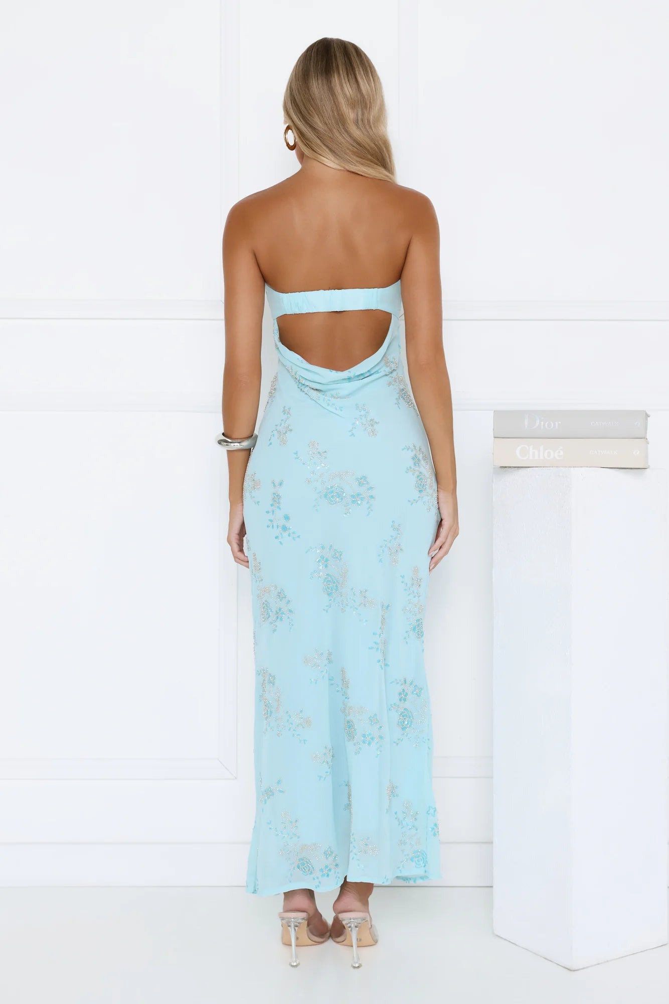 Sparkling Floral Embellished Strapless Maxi Dress