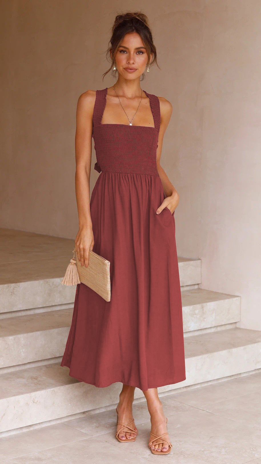 Casual Red Cotton A-Line Midi Dress