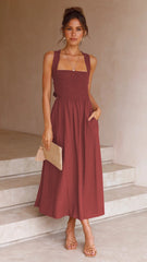 Casual Red Cotton A-Line Midi Dress