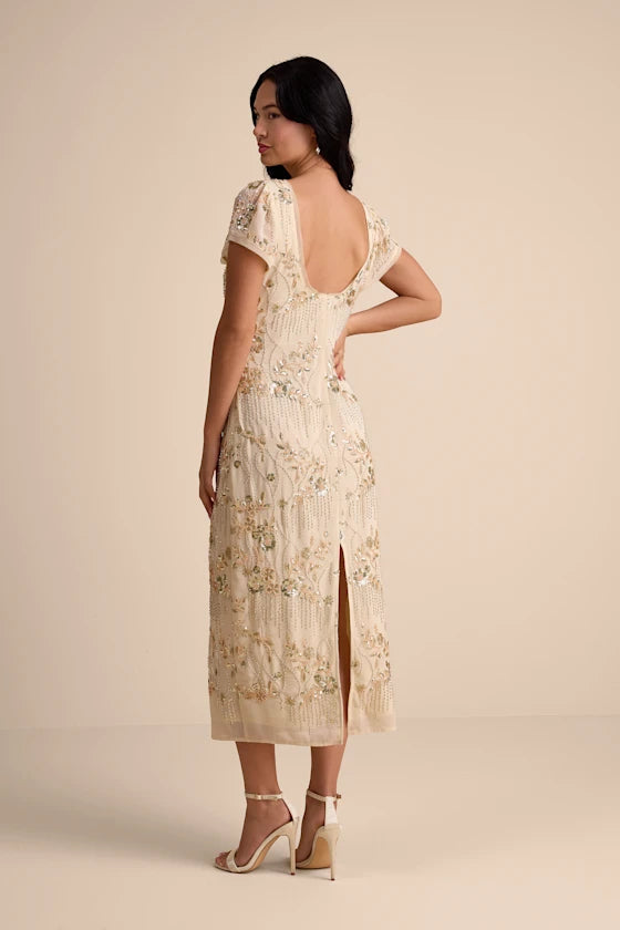 Angelila Beige Sequin Beaded Short Sleeve Midi Dress