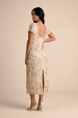 Angelila Beige Sequin Beaded Short Sleeve Midi Dress