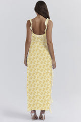 cherry ruffle maxi dress-yellow flower