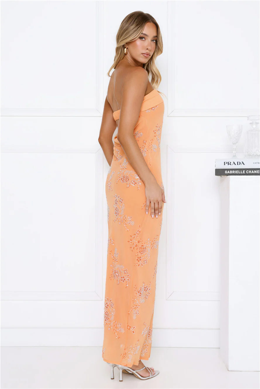 Sparkling Floral Embellished Strapless Maxi Dress
