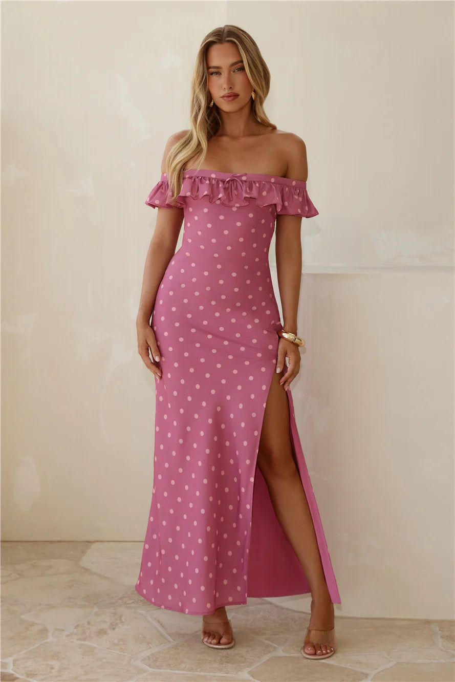 Dotted Delight Off Shoulder Maxi Dress Magenta