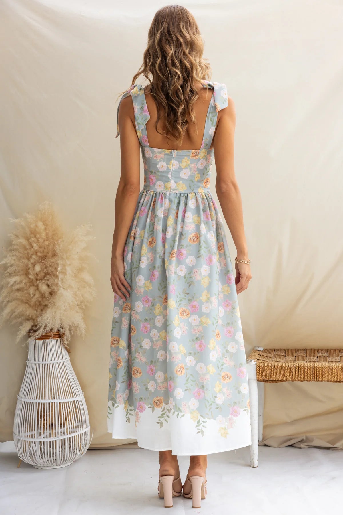 Printed Tie Shoulder Midi Cami Dress