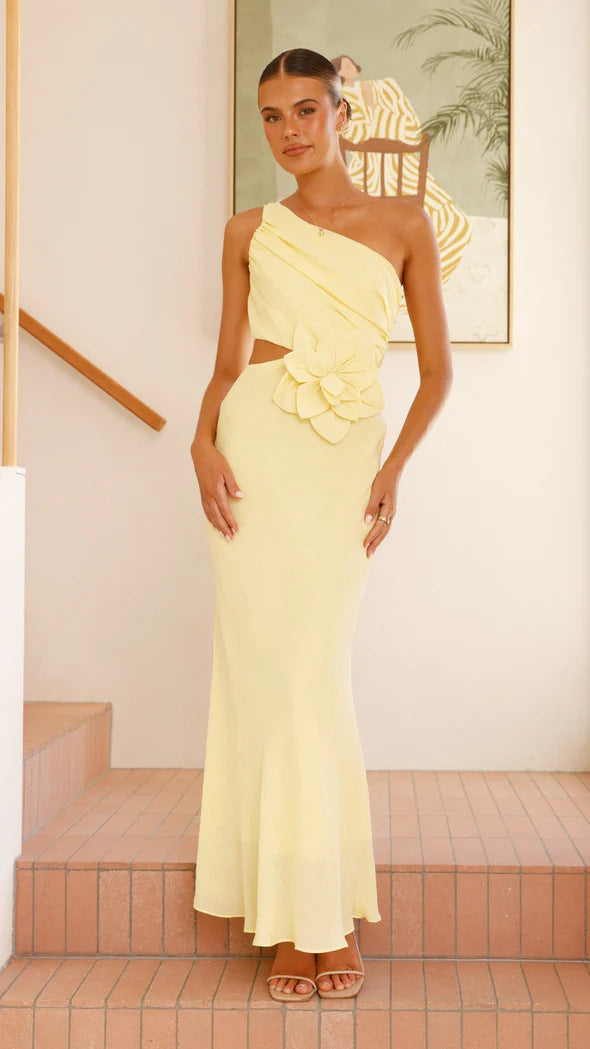 Bloom One Shoulder Cut Out Maxi Dress - Hot Pink