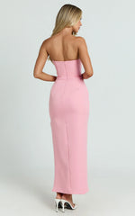 Strapless Draped Side Split Dress in Pink