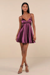 Happily Yours Plum Purple Satin Skater Mini Dress