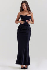 Black satin strapless gown