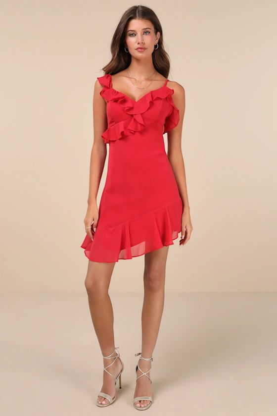 Captivating Always Red Ruffled Asymmetrical Mini Dress