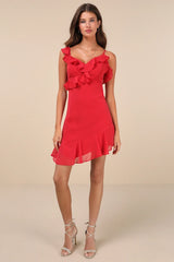 Captivating Always Red Ruffled Asymmetrical Mini Dress