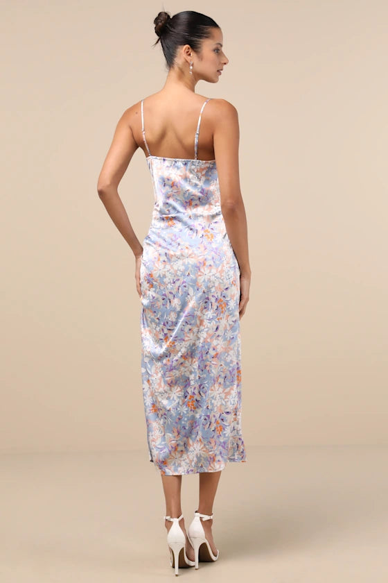 Truest Romance Slate Floral Print Sleeveless Ruched Midi Dress