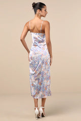 Truest Romance Slate Floral Print Sleeveless Ruched Midi Dress