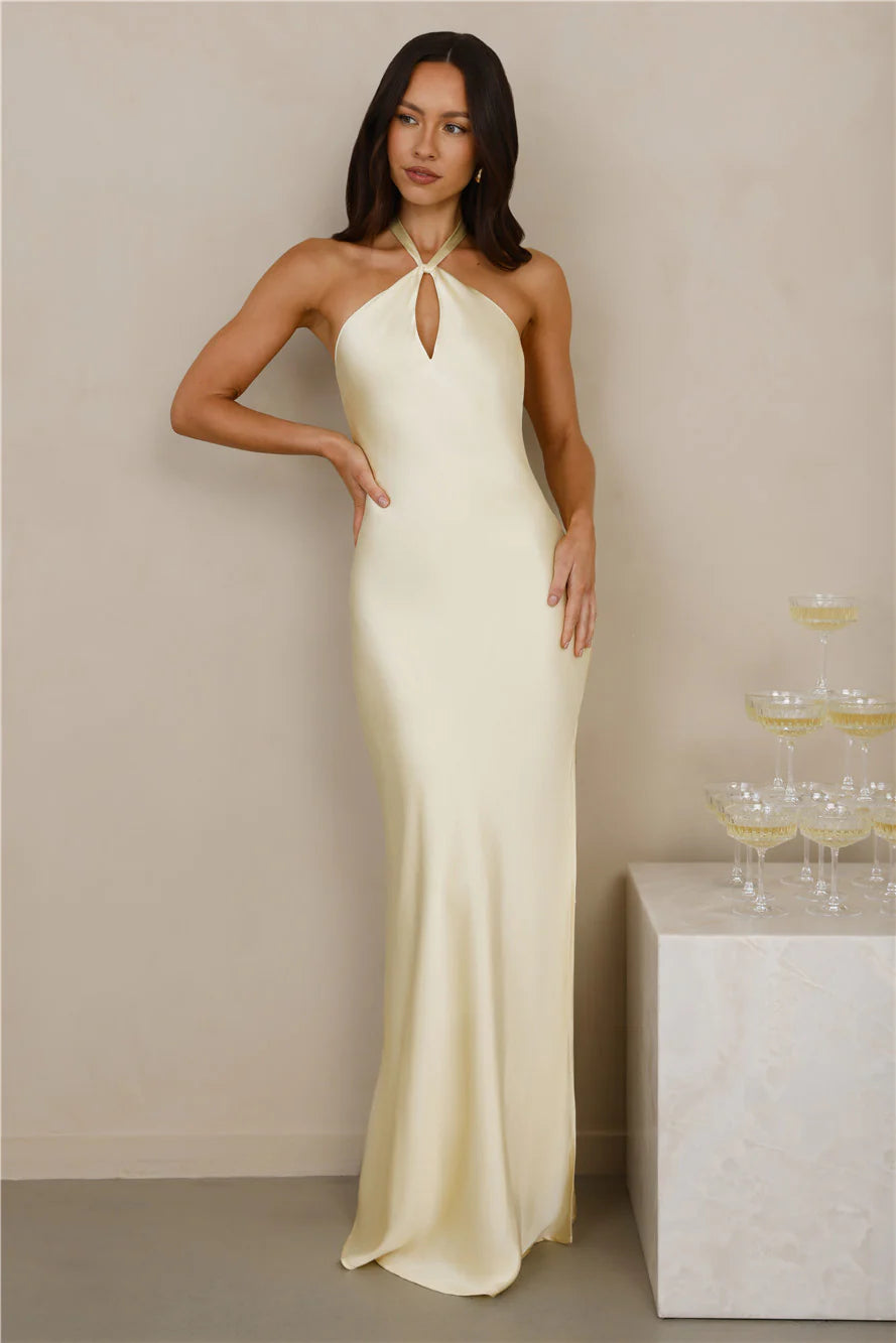 The Delilah Satin Halter Maxi Dress Yellow